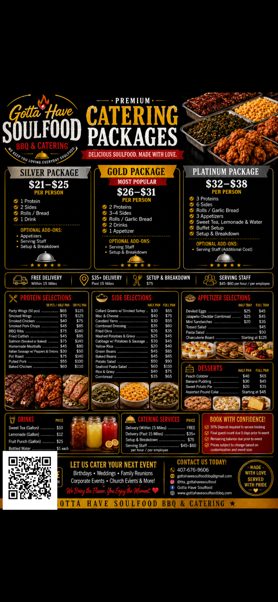 Gotta Have SoulFood BBQ catering menu with full and half pan pricing
